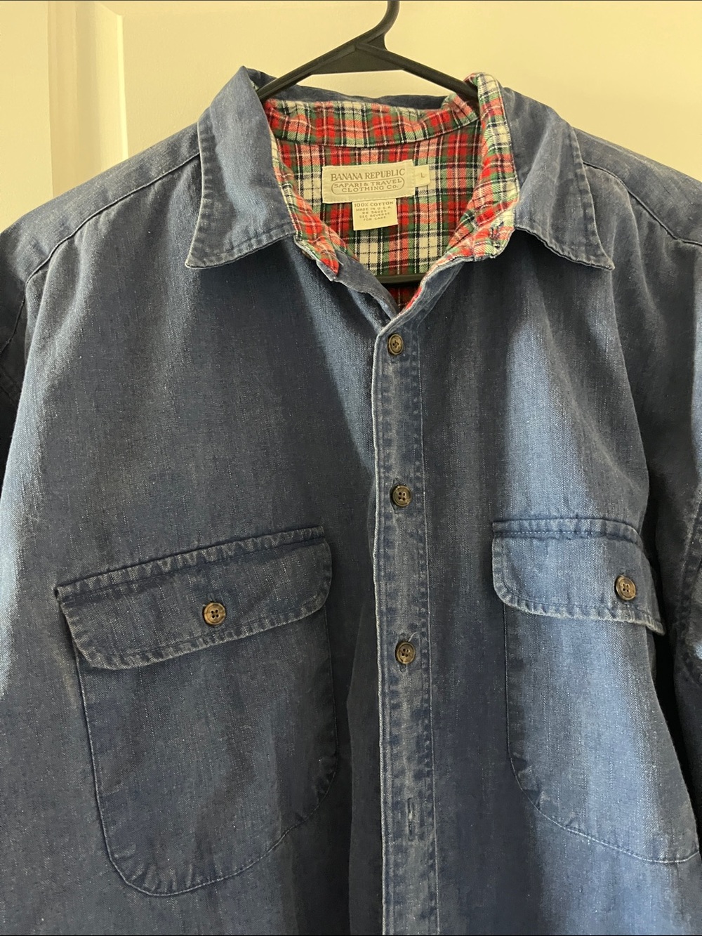 Vintage 1980s Banana Republic Blue Denim Shirt with Red Green Plaid Lining - Picture 3 of 4